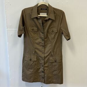 Schneider Military Khaki Utility Safari Button Down Shirt Dress Mini Olive Brown